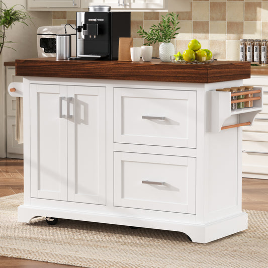 K&K 53' Large Kitchen Island with 3.5' Thick Desktop, Spice and Towel Racks, Rolling Kitchen Island with Storage on 5 Wheels, 2 Extra-large Drawers, for Home, Kitchen, Dining Room, White