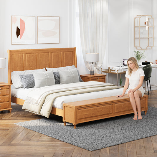 King Bed Frame with Tall Headboard and Storage Bench,Soild Wood Sleigh Bed with 79' Storage Chest,No Box Spring Needed,Natural