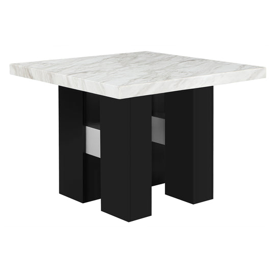 MIKHA Contemporary White Bar Table with Faux Marble Top and Black Pedestal Base