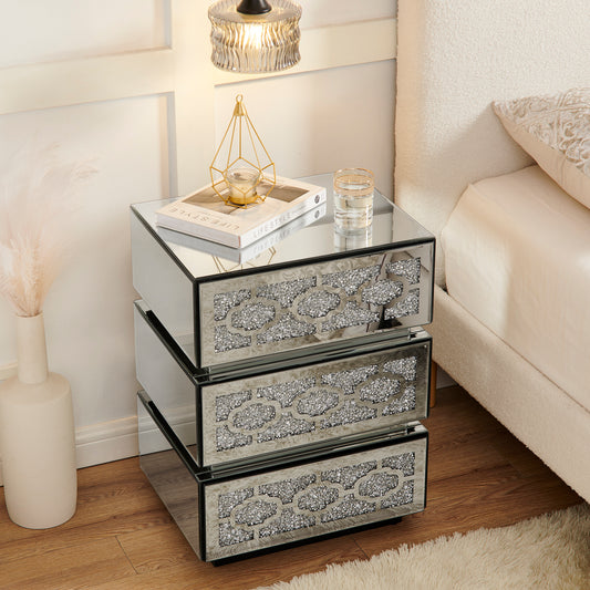 Mirrored Bedside Nightstand, Modern Side Table with 3 Drawers, Silver Accent End Table with Crushed Diamonds for Bedroom, Dorm and Living Room, 17.7'W x 13.8'D x 23.6'H