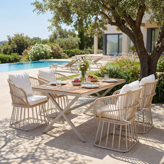 Outdoor 5-Piece Dining Set - Rectangular Teak Wood Table + 4 Wicker Chairs with Cushions, Beige Steel Frame, Teak Finish,Perfect for Patio, Deck, or Garden