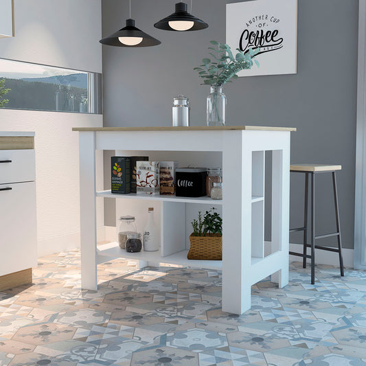 Cala Kitchen Island, Four Legs, Three Shelves -White / Light Oak