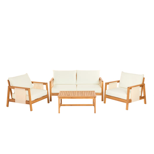 4-Pieces Sofa Set with Cushions Outdoor Loveseat & Coffee Table Set – Acacia Wood Frame with Brown Textilene, Water-Repellent Beige Cushions (Teak Finish) for Patio/Backyard/Deck