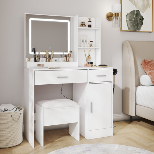 Lavin Makeup Vanity Set, Vanity Desk with Stool, LED Light Mirror and Charging Station, White