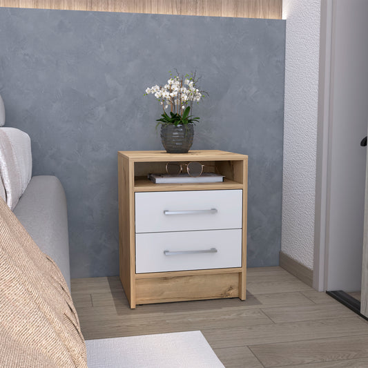 Nightstand 20'H, Two Drawers, Superior Top, Metal Handles, White / Light Oak