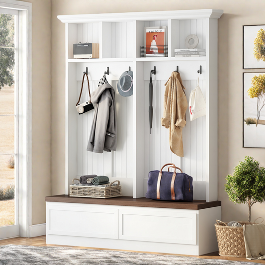 Farmhouse 4-in-1 Hall Tree with Wood Grain Bench, Mudroom Versatile Coat Rack with 2 Large Drawer, Entrance Organizer for Hallway, Living Room, White, 55.9'W (OLD SKU: N721P313099K)