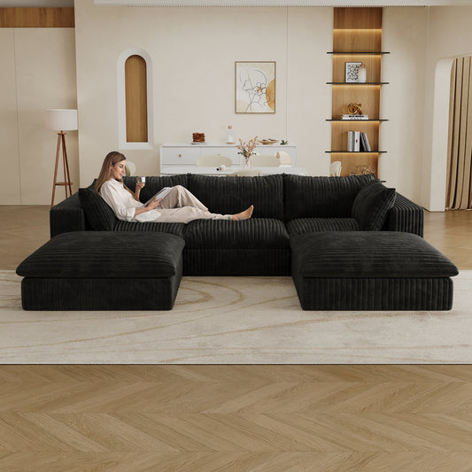 118.2' Cloud Sofa,Corduroy Fabric,Deep Seat Couches,Double-layer design,Removable Cushion,No Assembly, DIY Combination for Living room, Bedroom,Conference room ,Apartment,Black