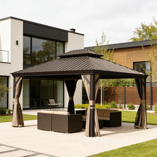 11x13FT Outdoor Gazebo, Hardtop Gazebo with Galvanized Steel Double Roof, Metal Gazebos with Drainage System Patio Pergola for Patio Deck Backyard,Curtain and Netting,Brown