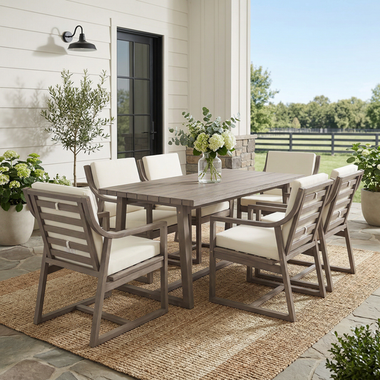 Outdoor Dining Set 7-Piece Outdoor Dining Set Patio Table And Chairs Set Modern Outdoor Furniture Set for Patio, Backyard, Garden, Black Brown Wood +Beige Cushion