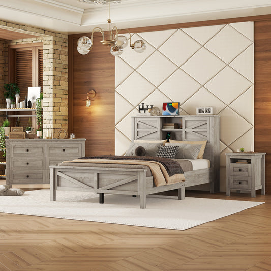 3-Pieces Bedroom Sets Full Size Farmhouse Platform Bed with Double Sliding Door Storage Headboard and Charging Station, Storage Nightstand and Dresser, Antique Gray(Old SKU HL000091AAG)