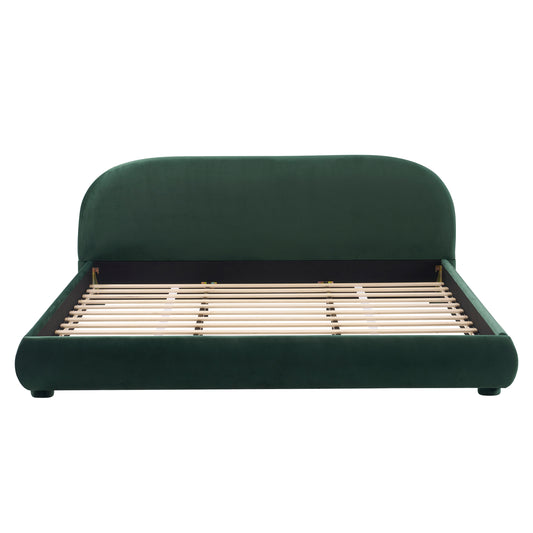 Dark Green Velvet Soft Bed with Curved Headboard, Light Luxury Texture in Fabric and Foam, King Size