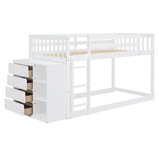 Twin Over Twin Bunk Bed with 4 Drawers and 3 Shelves - White Solid Wood Frame