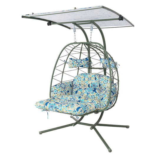 2-Person Wicker Hanging Egg Chair with Adjustable Canopy & Footrest, Double Patio Swing Chair with Stand, 660LBS Capacity Indoor Outdoor Hammock Chair with Cushions for Balcony, Garden, Backyard