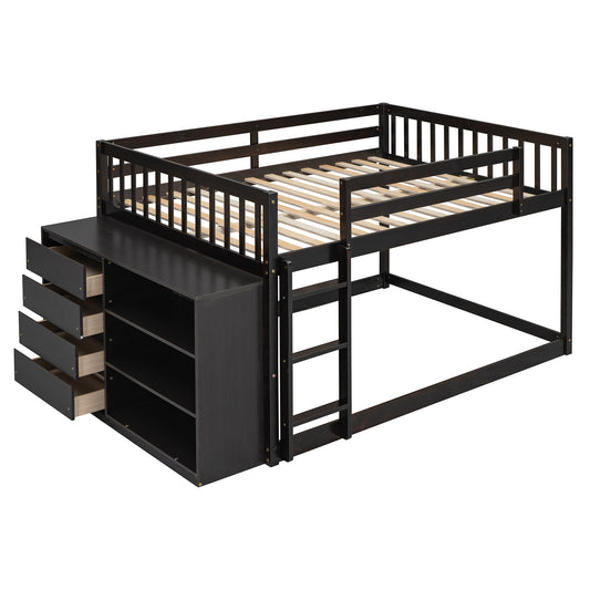 Elegant Full Over Full Bunk Bed with Storage Drawers and Shelves, Espresso Finish, Solid Pine Construction