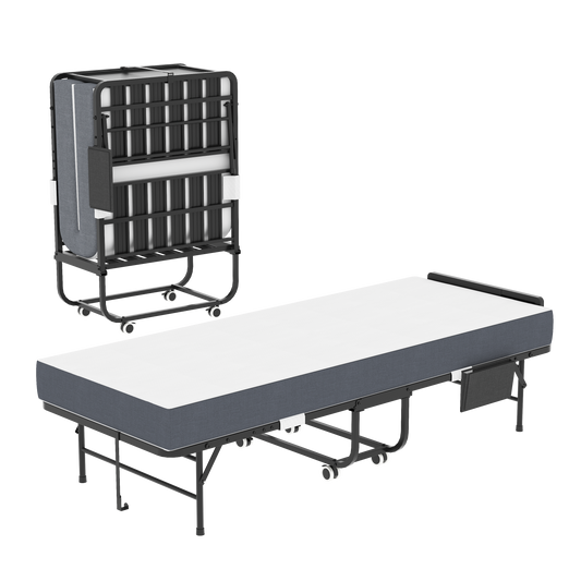 75' Folding Bed with Adjustable Headboard & 5' Memory Foam, Space Saving Rollaway Guest Bed for Tall People, Portable Twin Cot on Wheels, Easy Assembly