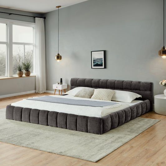 California King size Upholstered Bed Frame with Thick Fabric, Chenille Fabric Grounded California King Platform Bed with Headboard and Solid Frame. No Box Spring Needed-Dark Gray(90.5''*80.5''*31'')