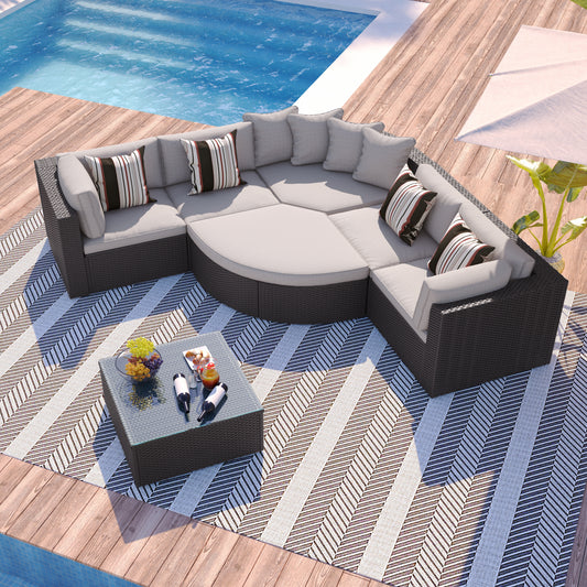 GO 7-piece Outdoor Wicker Sofa Set, Rattan Sofa Lounger, With Colorful Pillows, Conversation Sofa, For Patio, Garden, Deck, Brown Wicker
