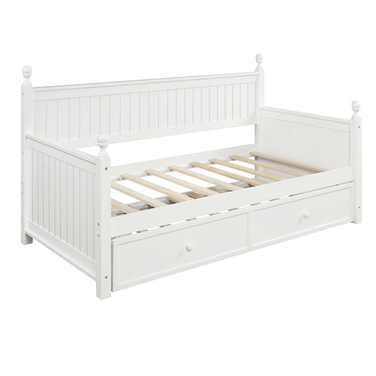 Twin Size Wood Daybed with Trundle, Dual-Use Sofa Bed, White, Pine Wood, 80.5'L