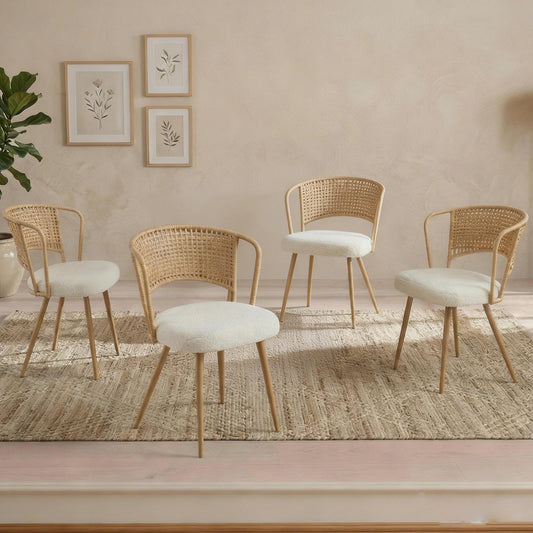 Wicker dining chairs - 4-piece set - Farmhouse soft padded cane back kitchen chair with sponge cushion, wing-back dining chair with metal legs, suitable for home and kitchen (brown)