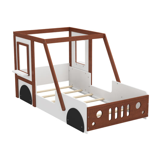 Fun Play Design Twin Size Car Bed for Kids Boys Girls Teens, White and Orange Solid Wood Frame