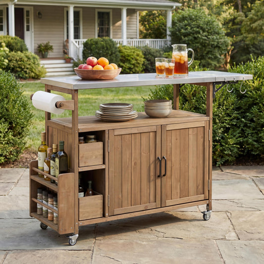 54.33' Farmhouse Rolling Outdoor Kitchen Cart, Solid Wood Frame with Stainless Steel Top, Spice Rack, Towel Rack, Lockable Wheels & Multi-Functional Storage for Patio, Backyard BBQ & Kitchen