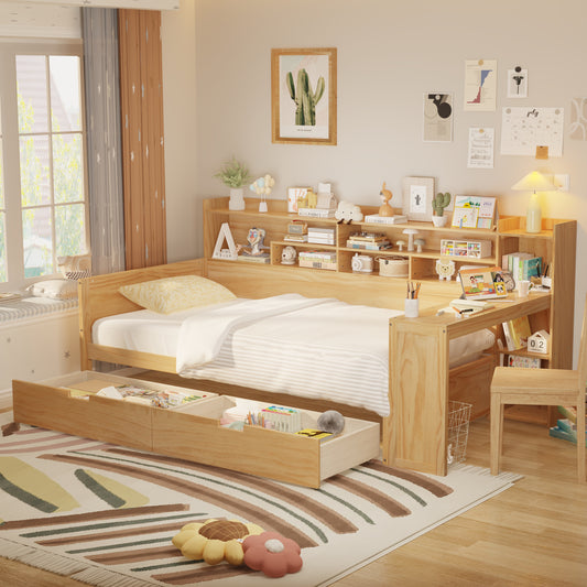 Wooden Twin Size Daybed with Storage Shelves, Multi-functional Bed with 2 Storage Drawers and Study Desk, Natural (Old SKU: N733S241484M)