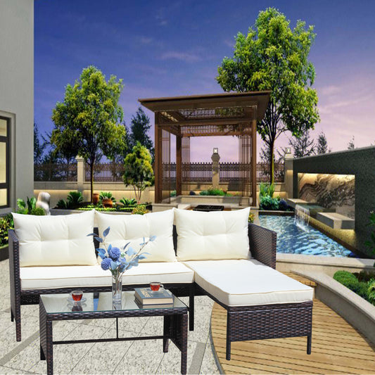 Outdoor patio Furniture sets 3 piece Conversation set wicker Ratten Sectional Sofa With Seat Cushions(Beige Cushion)