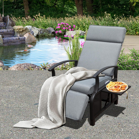 Adjustable Patio Recliner Chair Metal Outdoor Lounge Chair with Flip Table Push Back, Adjustable Angle, Removable Cushions, Support 350lbs,Gray