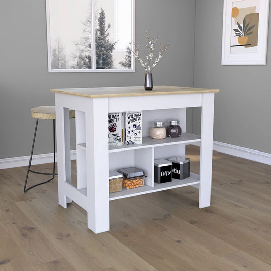 Kitchen Island, kitchen table 35' H, Four Legs, Three Open Storage Shelves, White / Light Oak