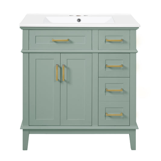 Modern 30' Bathroom Vanity with Ceramic Sink, Light Green Storage Cabinet, Soft-Close Doors, Deep & Standard Drawers, Solid Wood+MDF Construction