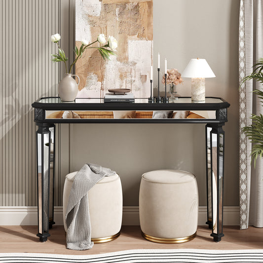 Black Mirror Console Table Vintage Wood Grain Carving Process Gorgeous and Noble for Entryway, Sofa Table,Living Room(48''W x 32.3''H x 18D)