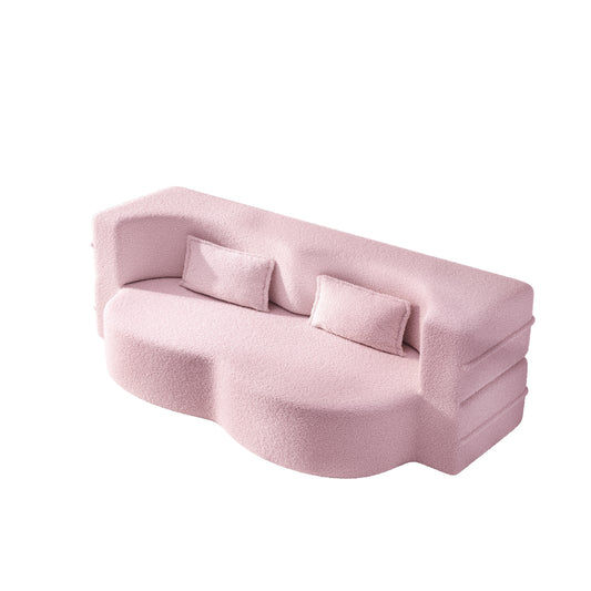 Modern Floor Sofa with 2 Pillows,Convertible Teddy Fabric Foam-Filled Sleeper Sofa Bed,15' Twin Size Folding Mattress for Living Room,Guest Bed,Playroom,no assembly required,Pink