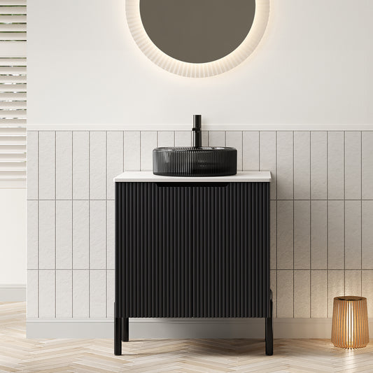 TURIO 24' Bathroom Vanity with Sink, Freestanding Bathroom Storage Cabinet with 2 Doors, Transparent Black Round Glass Basin and Carrara White Sintered Stone Countertop, No Faucet, Black Color