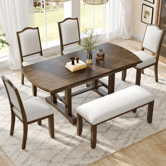 6-Piece Dining Table Set, 59 inch to 77 inch Extendable Wood Dining Table with Removable Leaf, Kitchen Table Set with 4 Upholstered Side Chair and Bench, Dining Table Set for 6 (Brown)