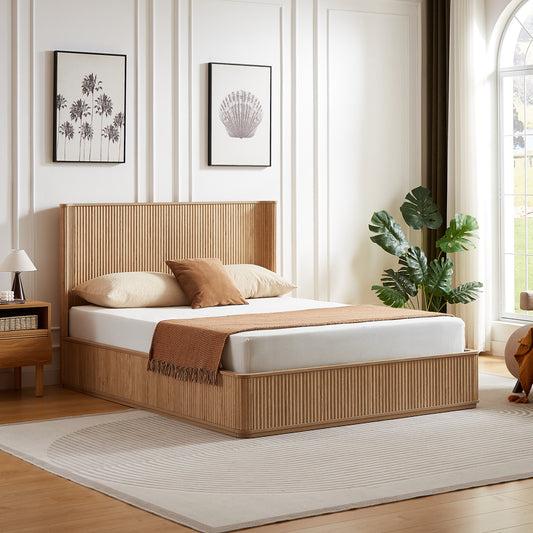 Natural Oak Corrugated Wave Wood Headboard Platform Bed frame, 44' Tall Headboard Queen Size Bed Frame, Modern Minimalist, Easy Assembly, No Box Spring Required