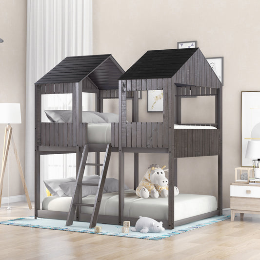 Full Over Full WoodBunk Bed with Roof, Window, Guardrail, Ladder(Antique Gray)( old sku: LT000031AAE )