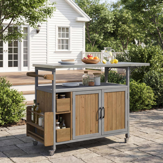 54.33' Farmhouse Rolling Outdoor Kitchen Cart, Solid Wood Frame with Stainless Steel Top, Spice Rack, Towel Rack, Lockable Wheels & Multi-Functional Storage for Patio, Backyard BBQ & Kitchen