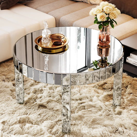 Dazzling Sliver Round Coffee Table with Fluted Mirror Design for Living Room, Luxury Sofa Center Table, Modern Home Decor (31.5'' W * 31.5'' D * 18''H)