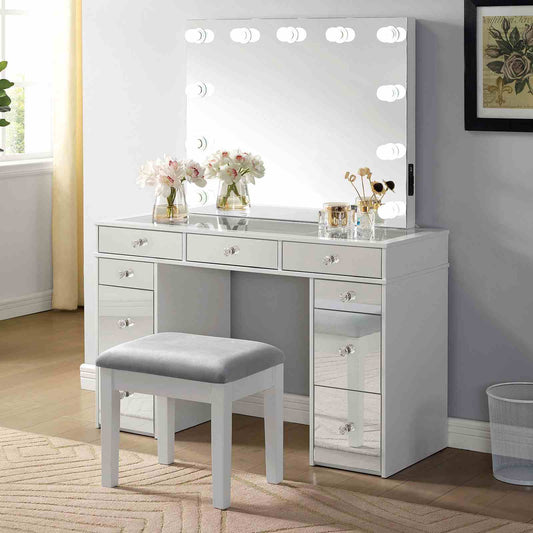 Contemporary Style 1pc Vanity w/ Stool Set Glass Top Storage Drawers Central Mirror w/ Bulbs USB And Power Outlet White and Gray Finish