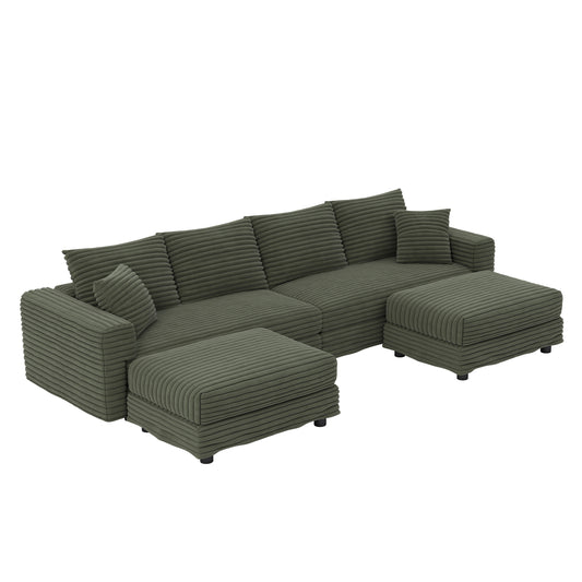 102.4 'Plush Corduroy 4-Seat Sofa,Modern Comfy Upholstered Sofa Cloud Couch,Deep Seat Couches with Soft Pillows and 2 Ottomans,Convertible Sofa Lounge Chair, Green