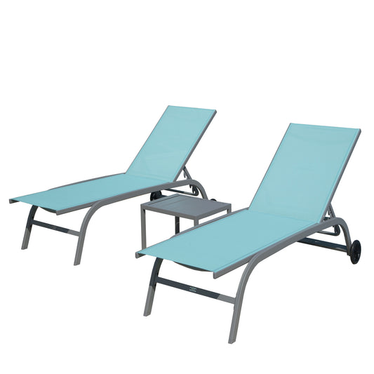 Chaise Lounge Outdoor Set of 3, Lounge Chairs for Outside with Wheels, Outdoor Lounge Chairs with 5 Adjustable Position, Pool Lounge Chairs for Patio, Beach(Lake Blue, 2 Lounge Chairs+1 Table)