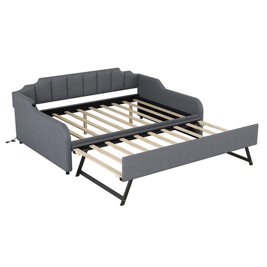 Full Size Upholstered Daybed with Trundle and USB Charging, Gray, Pine Wood and Woven Fabric