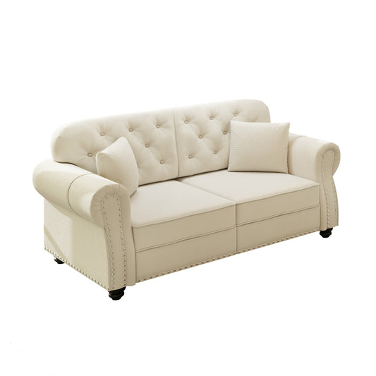 63'Upholstered Velvet Sofa with Nailhead Trim and Rolled Armrests,Mid-Century Modern Chesterfield Sofa with Button Tufted,Includes 2 Pillows,Beige/White