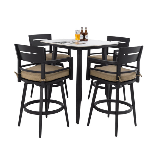 Modern 5PC Outdoor Patio Bar Set,Rounded Square Sintered Stone Table & 4 Swivel Bar Chairs,Non-Rust Aluminum Frame,Ember Black, Marble-Inspired Top,Bearing Swivel Plate,Tapered Legs,Sunbrella Cushion