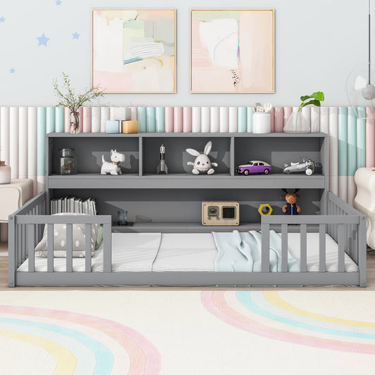 Twin Floor Bed with Bedside Bookcase,Shelves,Guardrails,Grey