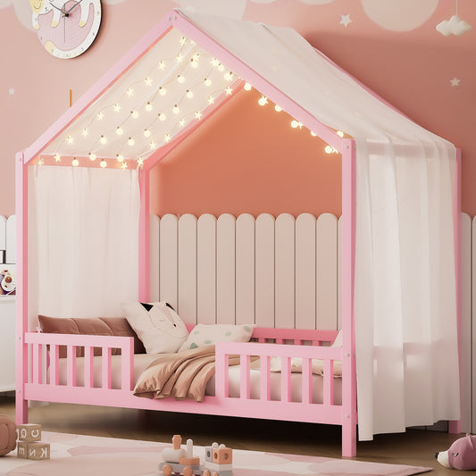 Montessori Floor Bed with Canopy, Twin Bed Frame for Kids, House Shape Kids Bed Frame with High Railings, Wood Kids Bed with Roof, Kid Twin Bed, Pink