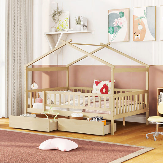 Full Size Wooden House Bed with Two Drawers, Natural