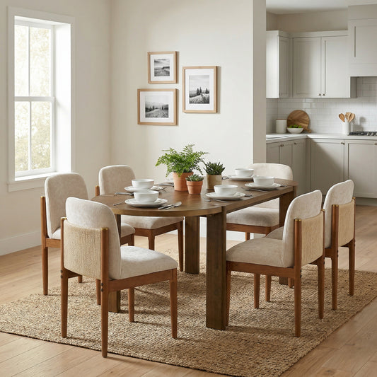 7 Pieces Modern Oval Dining Set, Rustic Farmhouse Solid Wood Kitchen Table Set for 6, 71'' Large Retro Country Dinner Set with Walnut Chair, for Dining Room, Kitchen, Home Office, Living Room, Walnut