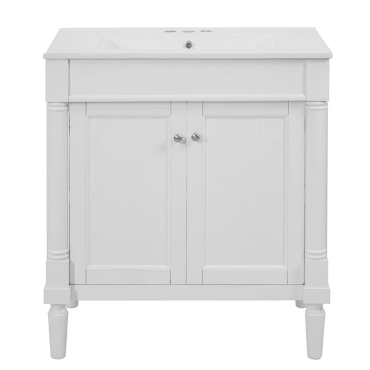 30-Inch Modern Bathroom Vanity Cabinet with Ceramic Sink, White Finish, Solid Wood Legs, Soft Close Doors, Storage Cabinet