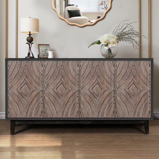 Mid Century Sideboard Buffet Cabinet with Solid Wood Legs 60' Kitchen Storage Cabinet Credenza with 4 Convex pattern diamond Doors and 2 Shelves Accent Console Table for Living Room Entrance Hall etc